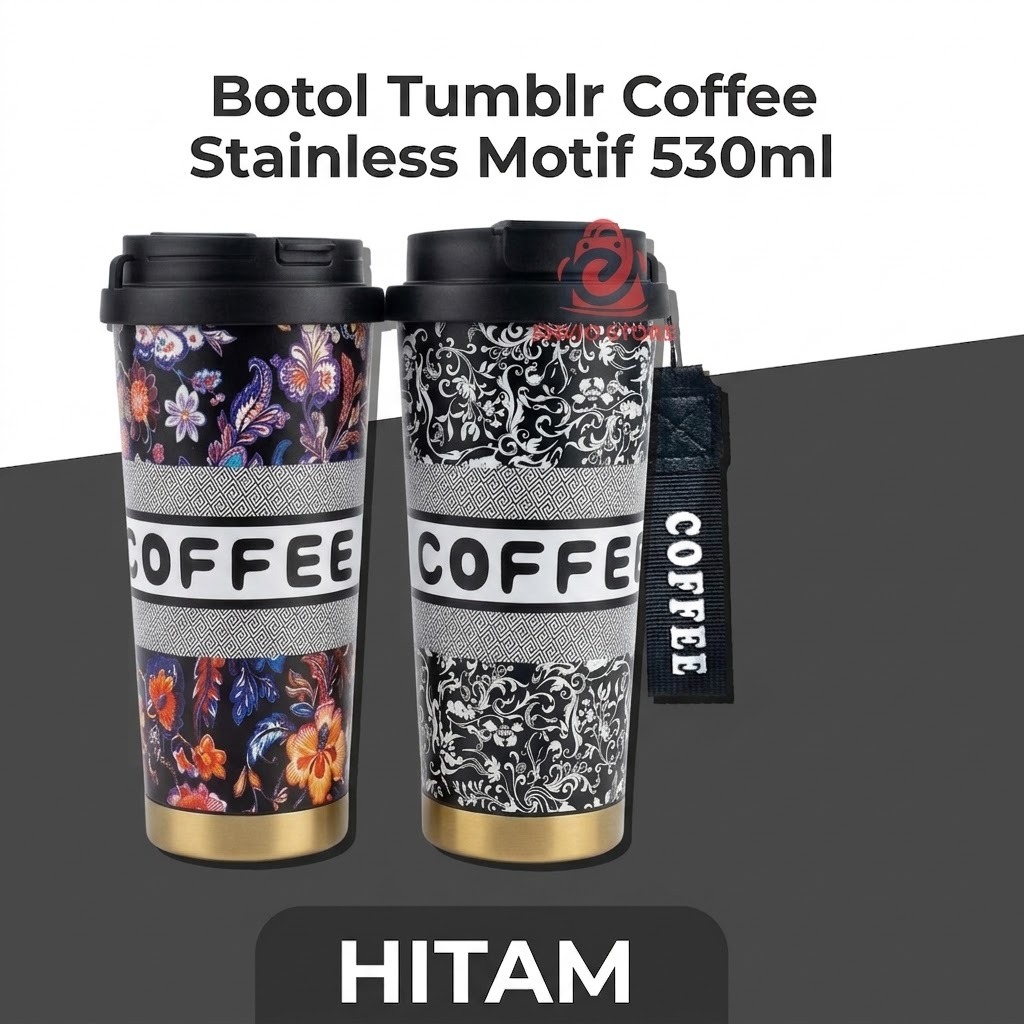 Botol Tumblr Coffee Stainless MOTIF 530ml - HITAM (Free Tali Strap + Sedotan) (ST8193)