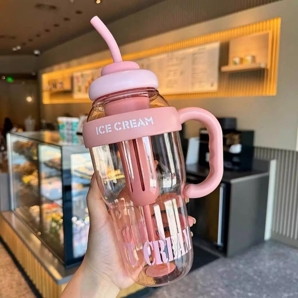 Botol Minum Air Jumbo Ice Cream 1400ml - PINK PASTEL (Tumblr Free Sedotan Aesthetic)