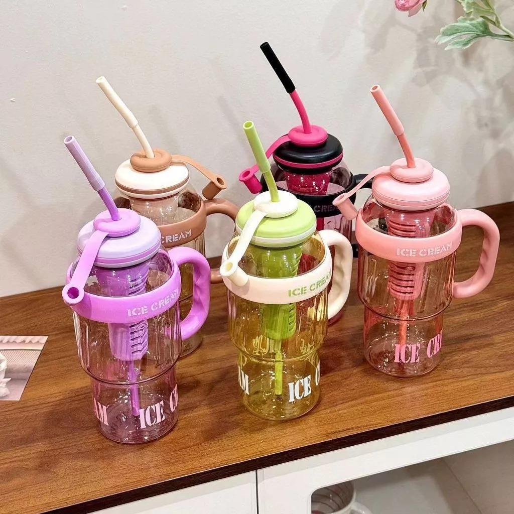 Botol Minum Air Jumbo Ice Cream 1400ml - PINK PASTEL (Tumblr Free Sedotan Aesthetic)