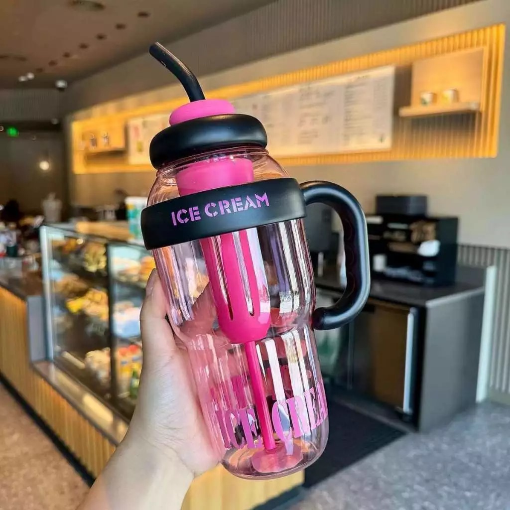 Botol Minum Air Jumbo Ice Cream 1400ml - HITAM PINK (Tumblr Free Sedotan Aesthetic)