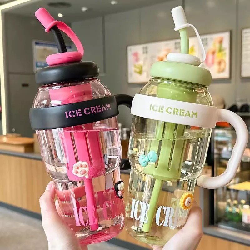 Botol Minum Air Jumbo Ice Cream 1400ml - HITAM PINK (Tumblr Free Sedotan Aesthetic)