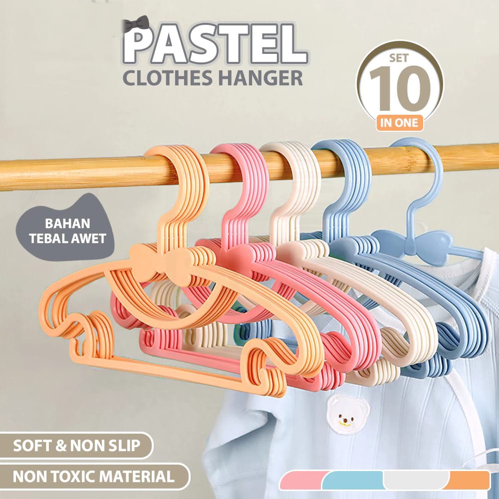(SET 10pcs) Gantungan Baju Anak - ORANGE (Kids Clothes Hanger Multifungsi Warna Pastel)