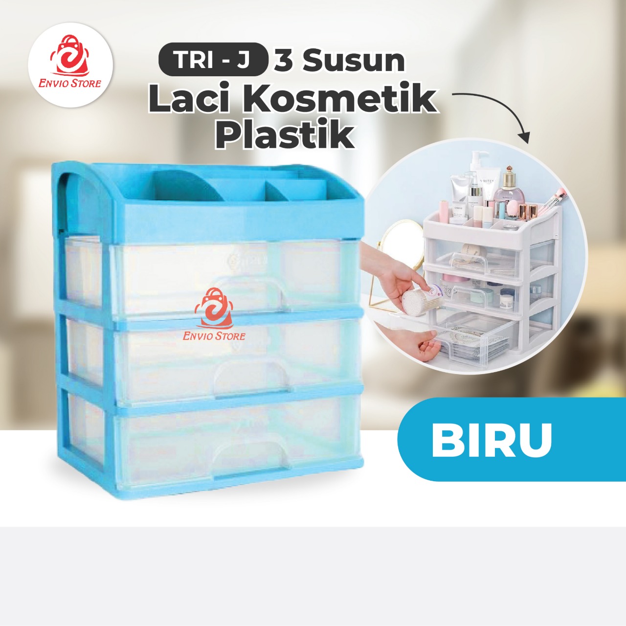 TRI J - (3 Susun) Laci Kosmetik Plastik - BIRU (Rak Kosmetik Makeup Organizer)