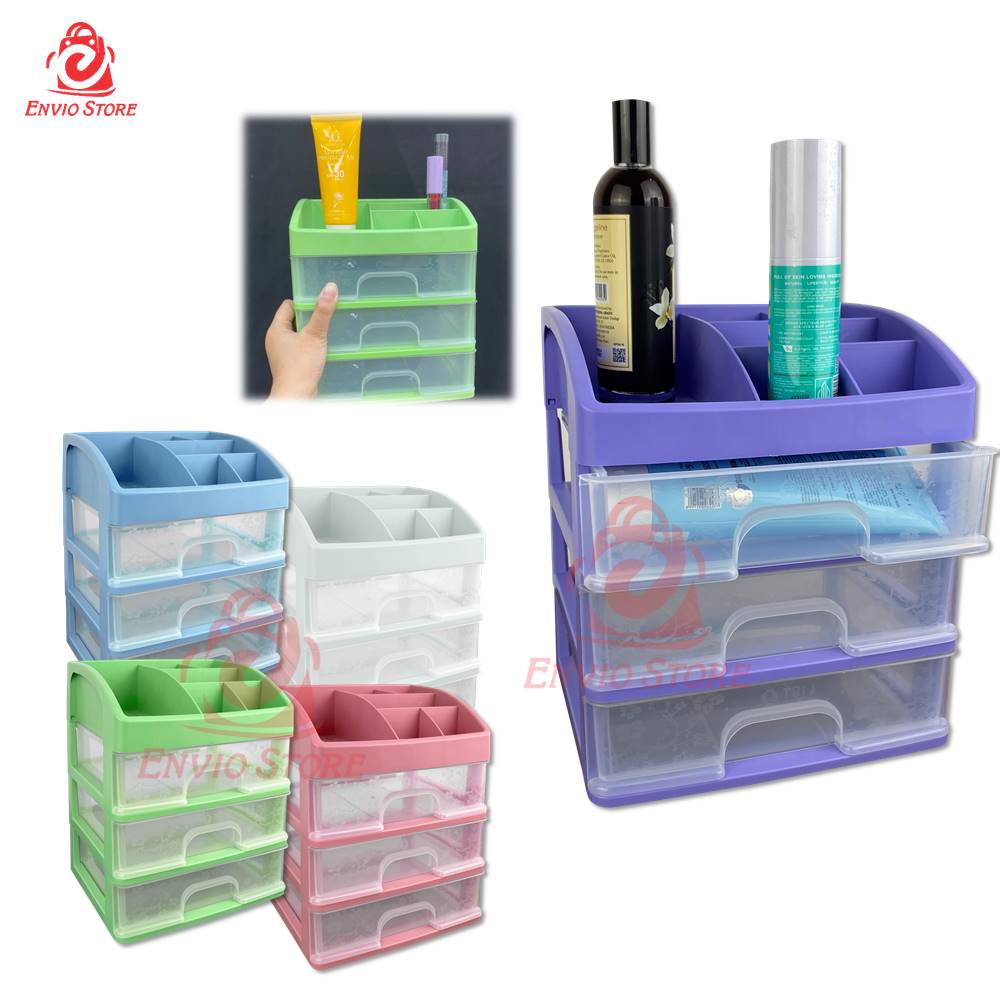 TRI J - (3 Susun) Laci Kosmetik Plastik - BIRU (Rak Kosmetik Makeup Organizer)