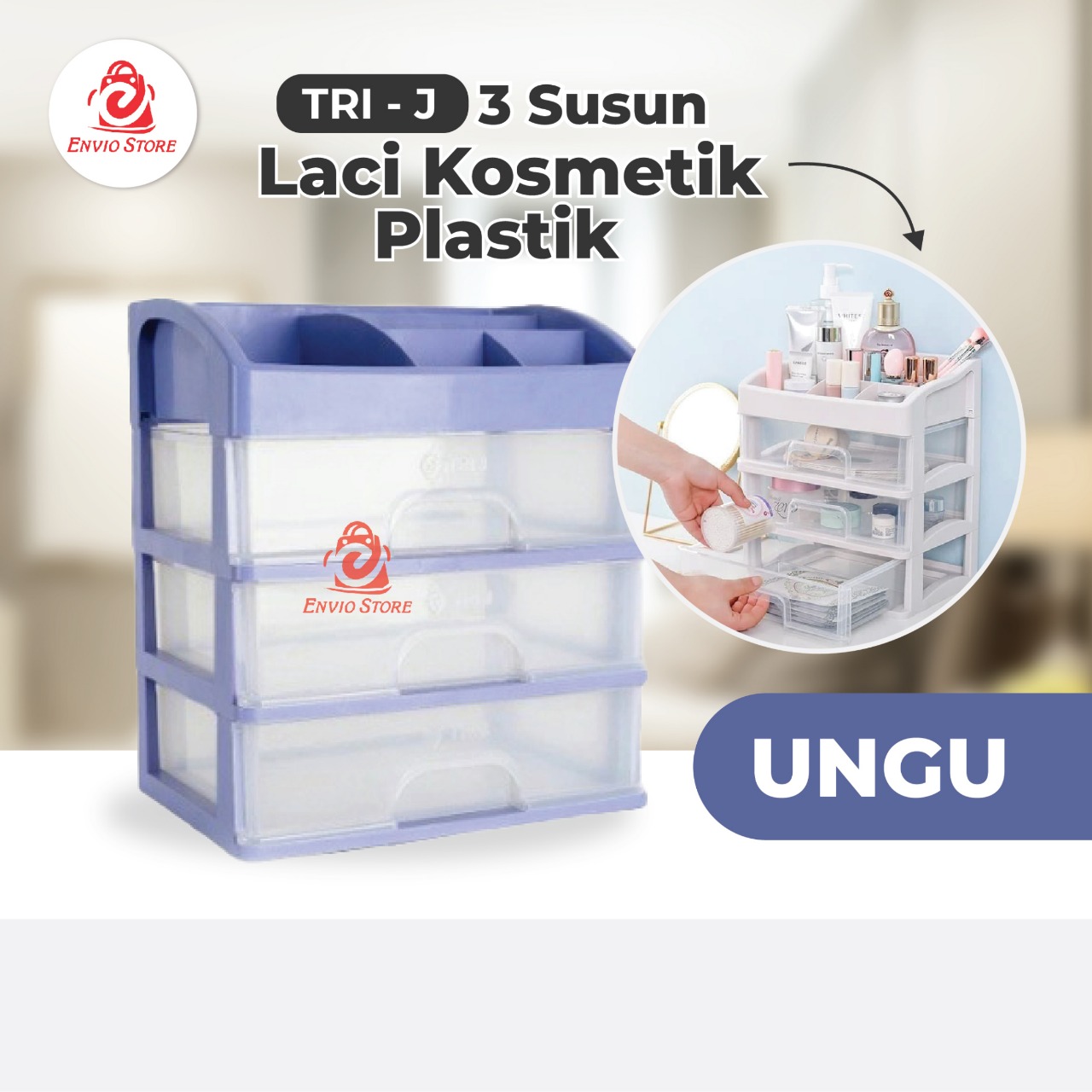 TRI J - (3 Susun) Laci Kosmetik Plastik - UNGU (Rak Kosmetik Makeup Organizer)