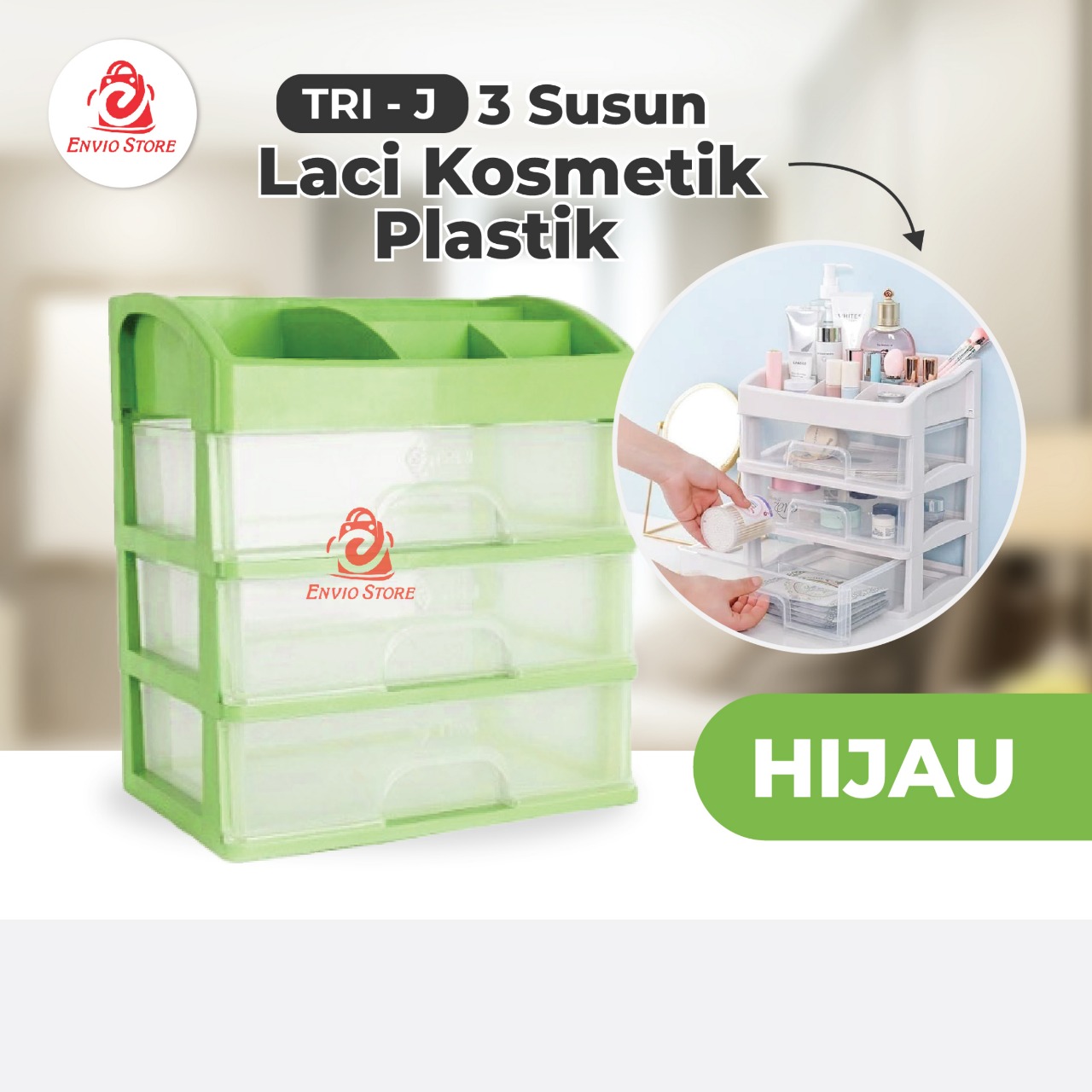 TRI J - (3 Susun) Laci Kosmetik Plastik - HIJAU (Rak Kosmetik Makeup Organizer)