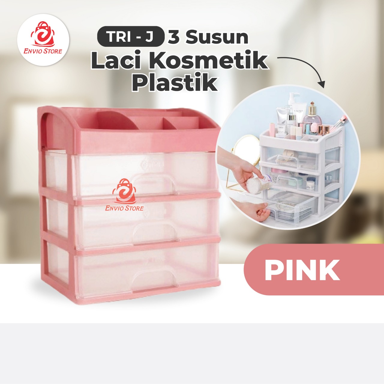 TRI J - (3 Susun) Laci Kosmetik Plastik - PINK (Rak Kosmetik Makeup Organizer)
