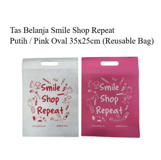 Tas Belanja Smile Shop Repeat Putih / Pink Oval 35x25cm (Reusable Bag)