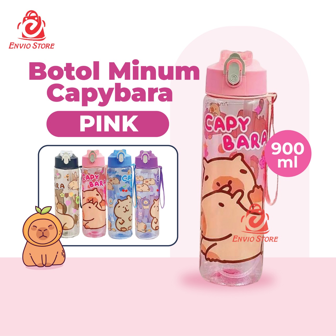 Botol Minum Capybara 900ml (1048) - PINK (Free Sedotan + Strap)