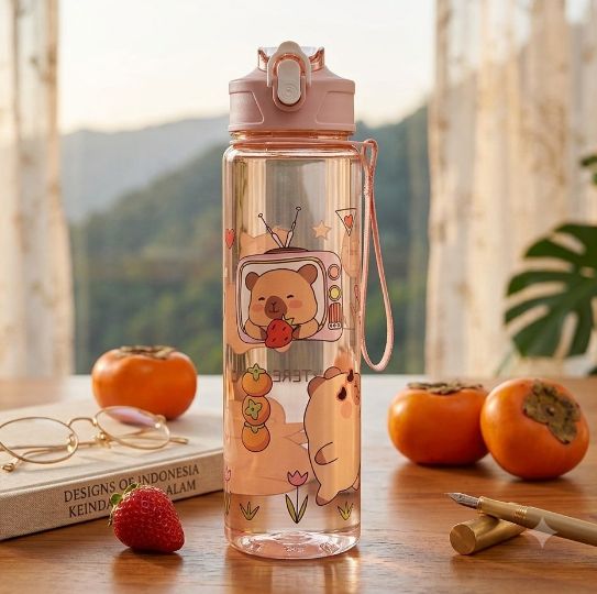 Botol Minum Capybara 750ml - PINK (Free Sedotan + Strap)