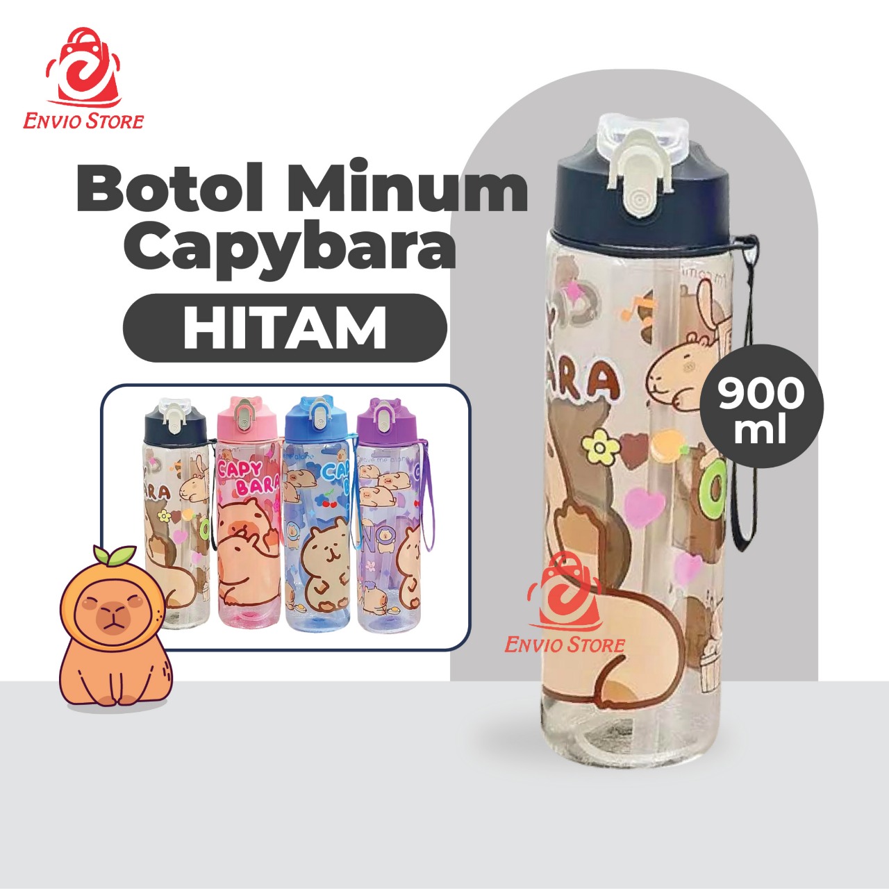 Botol Minum Capybara 900ml (1048) - HITAM (Free Sedotan + Strap)
