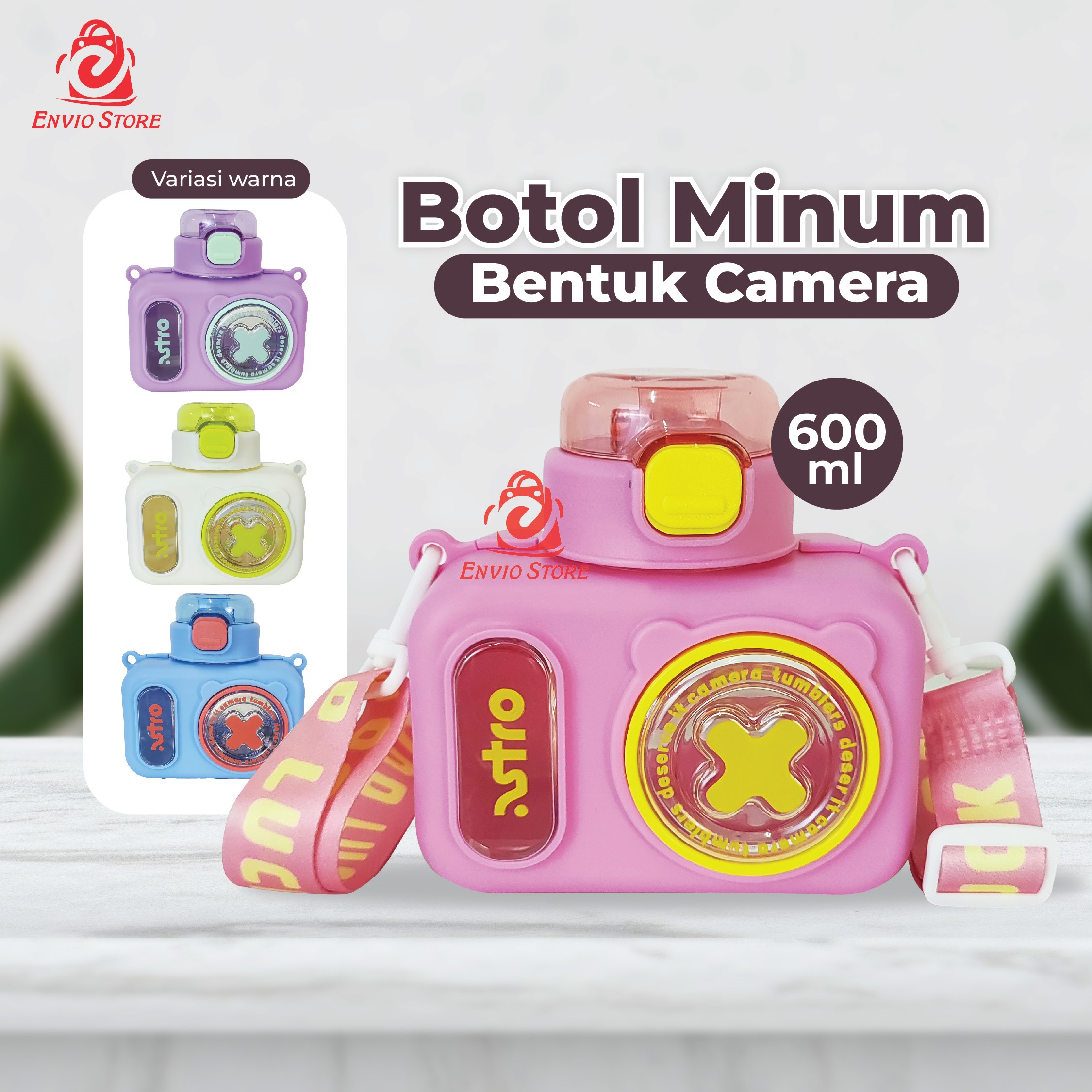 Botol Minum Anak Bentuk Camera 600ml - UNGU (Free Sedotan dan Strap) (HX3503)