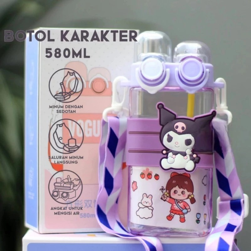 Botol Minum Karakter Tutup 2in1 580ml - UNGU (Free Tali)