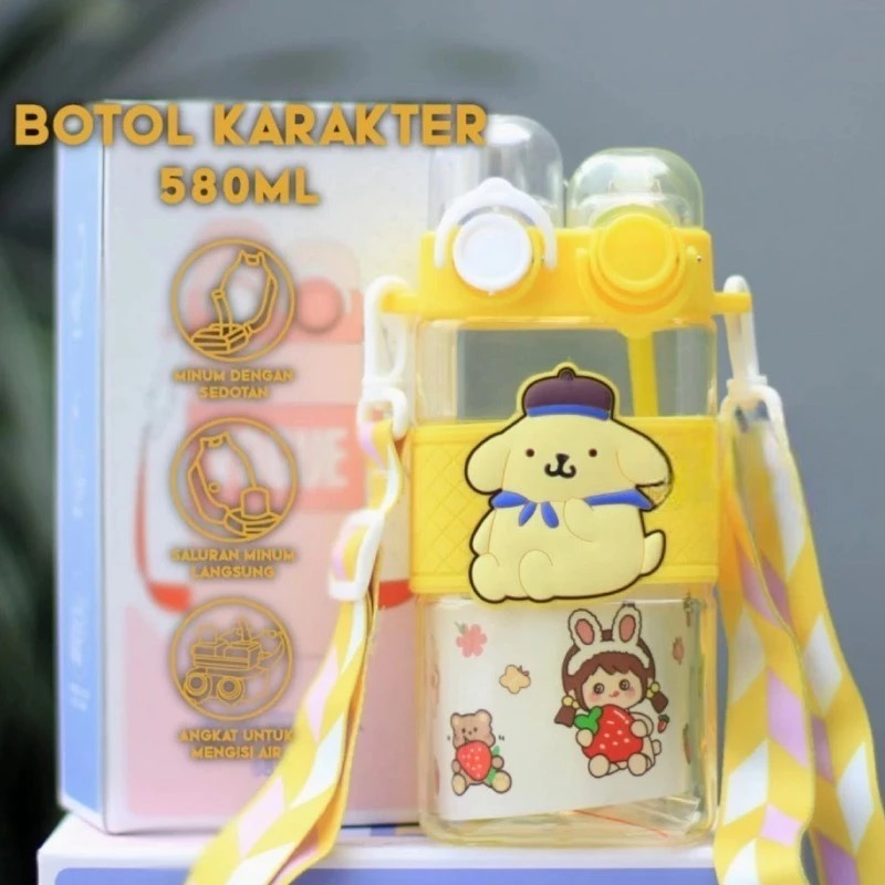 Botol Minum Karakter Tutup 2in1 580ml - KUNING (Free Tali)