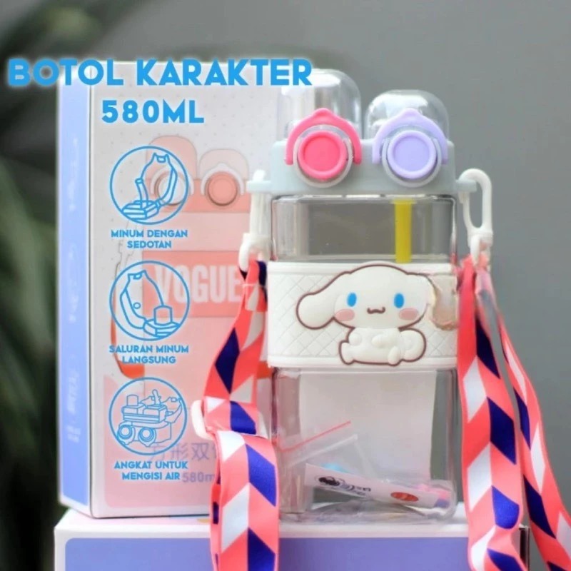 Botol Minum Karakter Tutup 2in1 580ml - ABU / PUTIH (Free Tali)