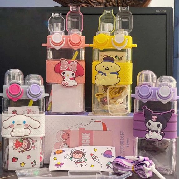 Botol Minum Karakter Tutup 2in1 580ml - ABU / PUTIH (Free Tali)