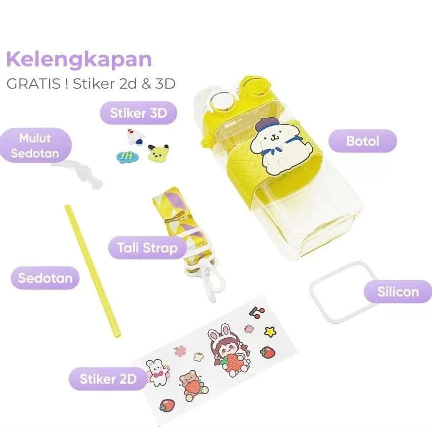 Botol Minum Karakter Tutup 2in1 580ml - ABU / PUTIH (Free Tali)