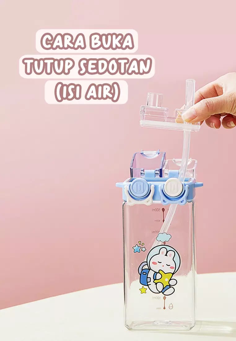 Botol Minum Karakter Tutup 2in1 580ml - ABU / PUTIH (Free Tali)