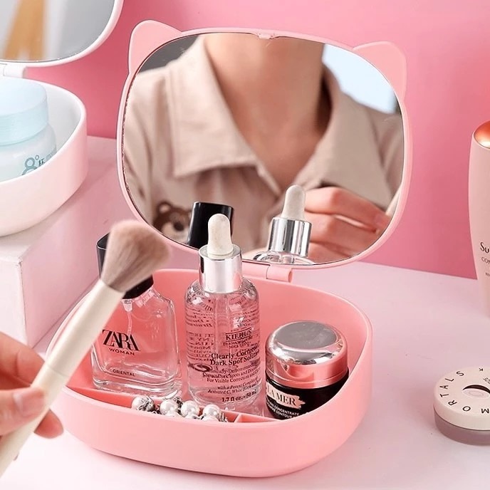 Cosmetic Mirror Cat - PINK (Rak Cermin Organizer Lipat) (AK2-08)