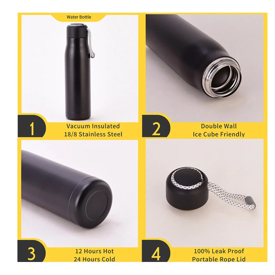 Termos Sport Vacuum Stainless Steel 550ml - HITAM (Botol Minum Tahan Panas & Dingin Free Strap) (SD1323)