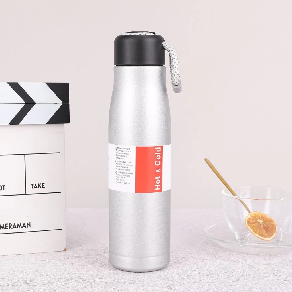 Termos Sport Vacuum Stainless Steel 550ml - SILVER (Botol Minum Tahan Panas & Dingin Free Strap) (SD1323)
