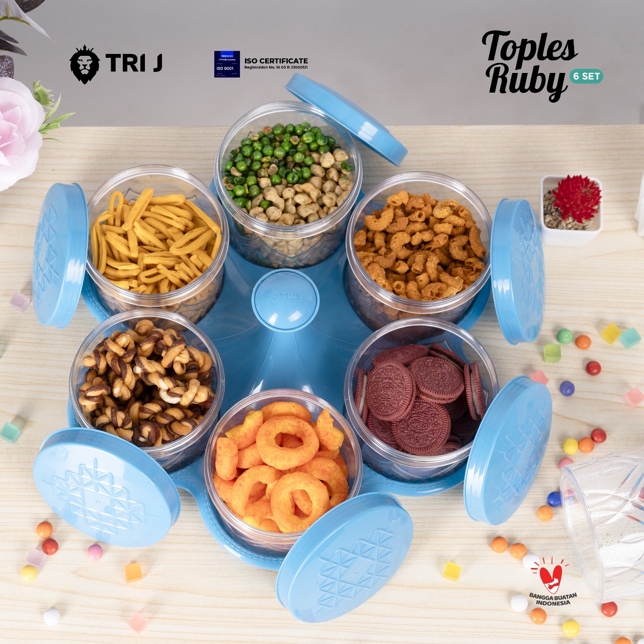 TRI J - Toples Kristal 6 Set + Nampan - PINK (Toples Snack Lebaran)
