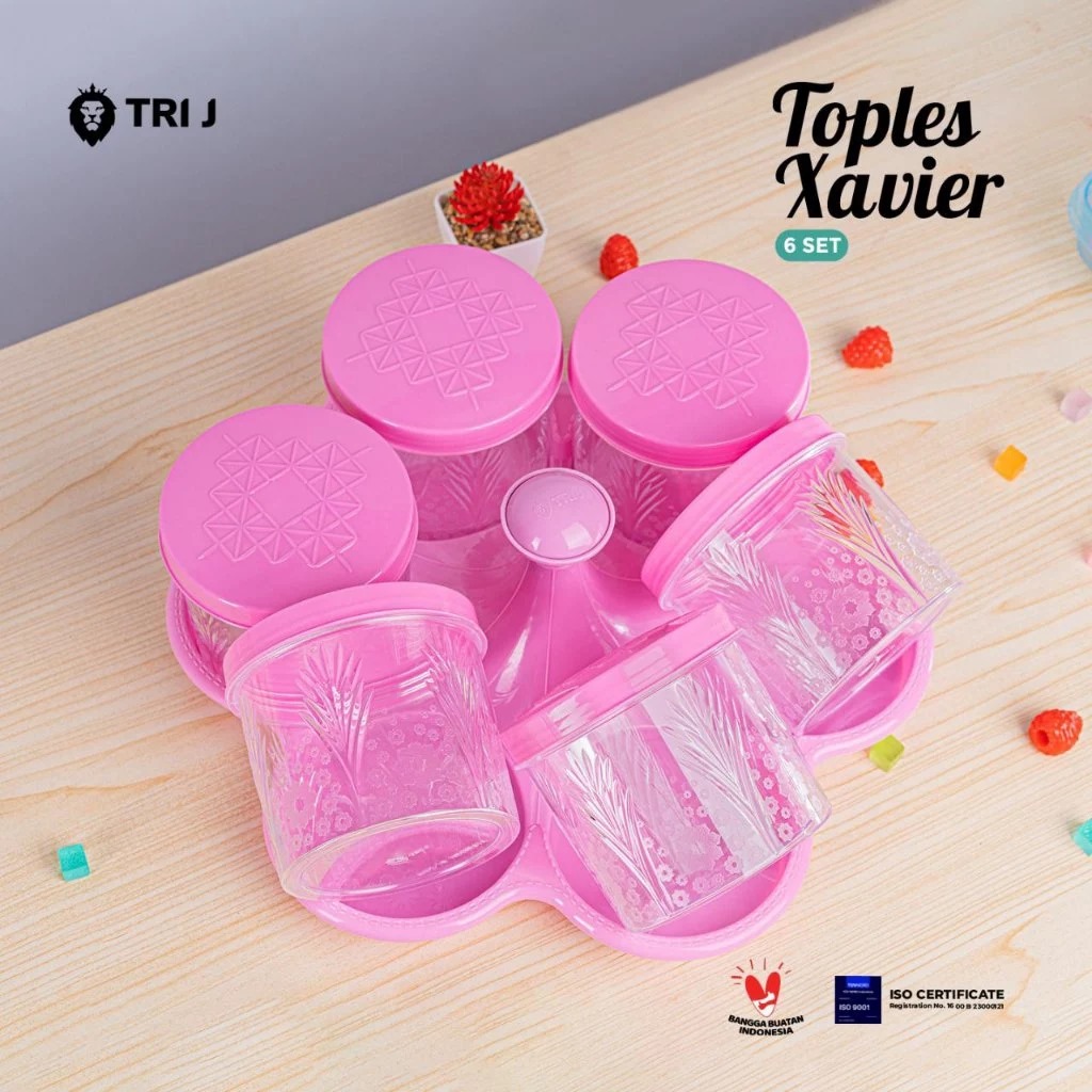 TRI J - Toples Kristal 6 Set + Nampan - PINK (Toples Snack Lebaran)