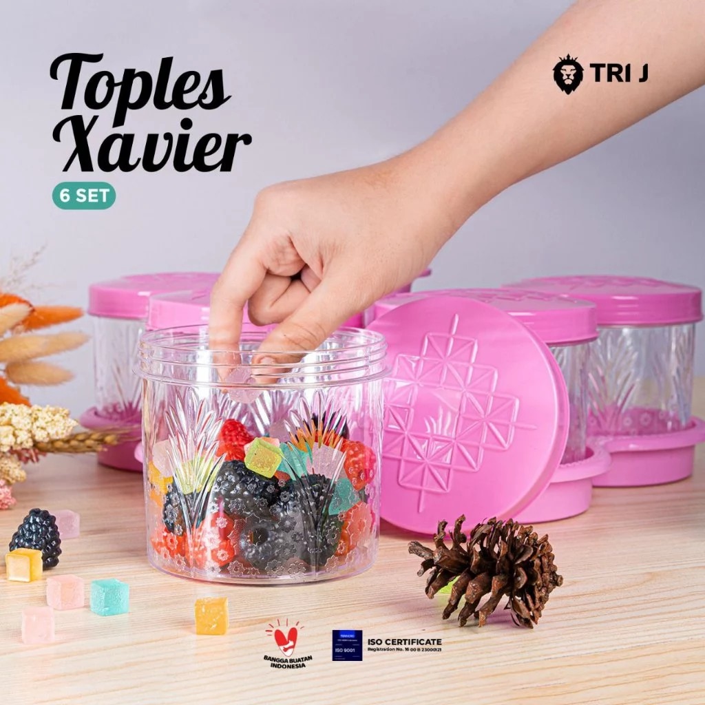 TRI J - Toples Kristal 6 Set + Nampan - PINK (Toples Snack Lebaran)
