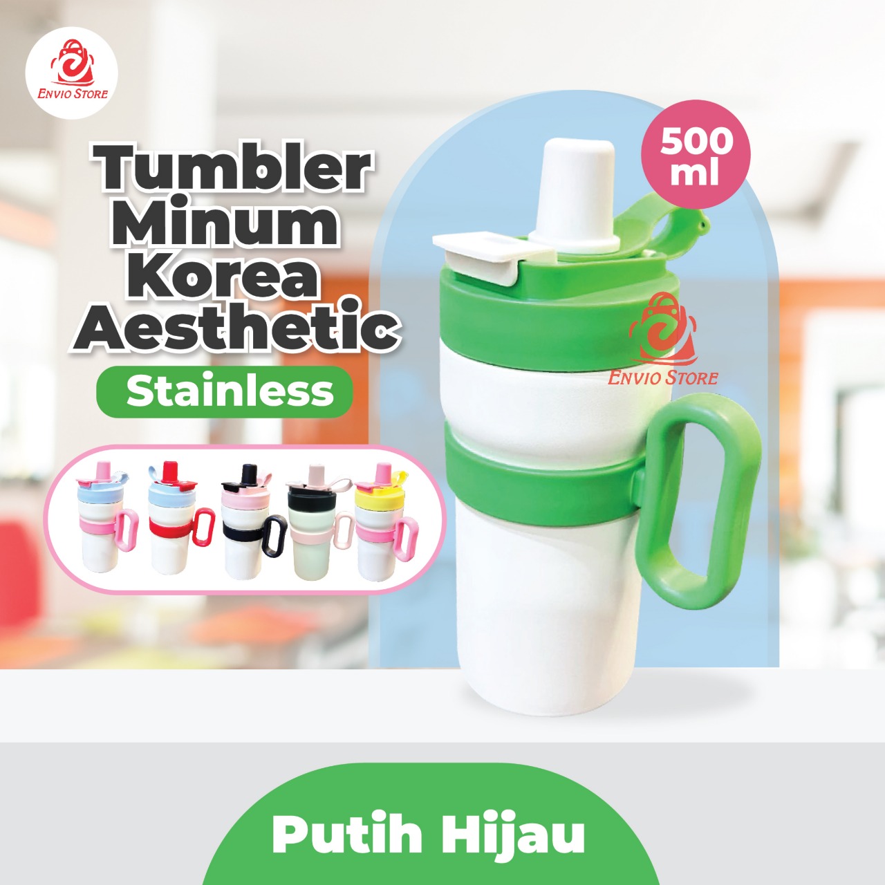 Tumbler Botol Minum Korea Aesthetic Stainless 500ml - PUTIH HIJAU (9107)