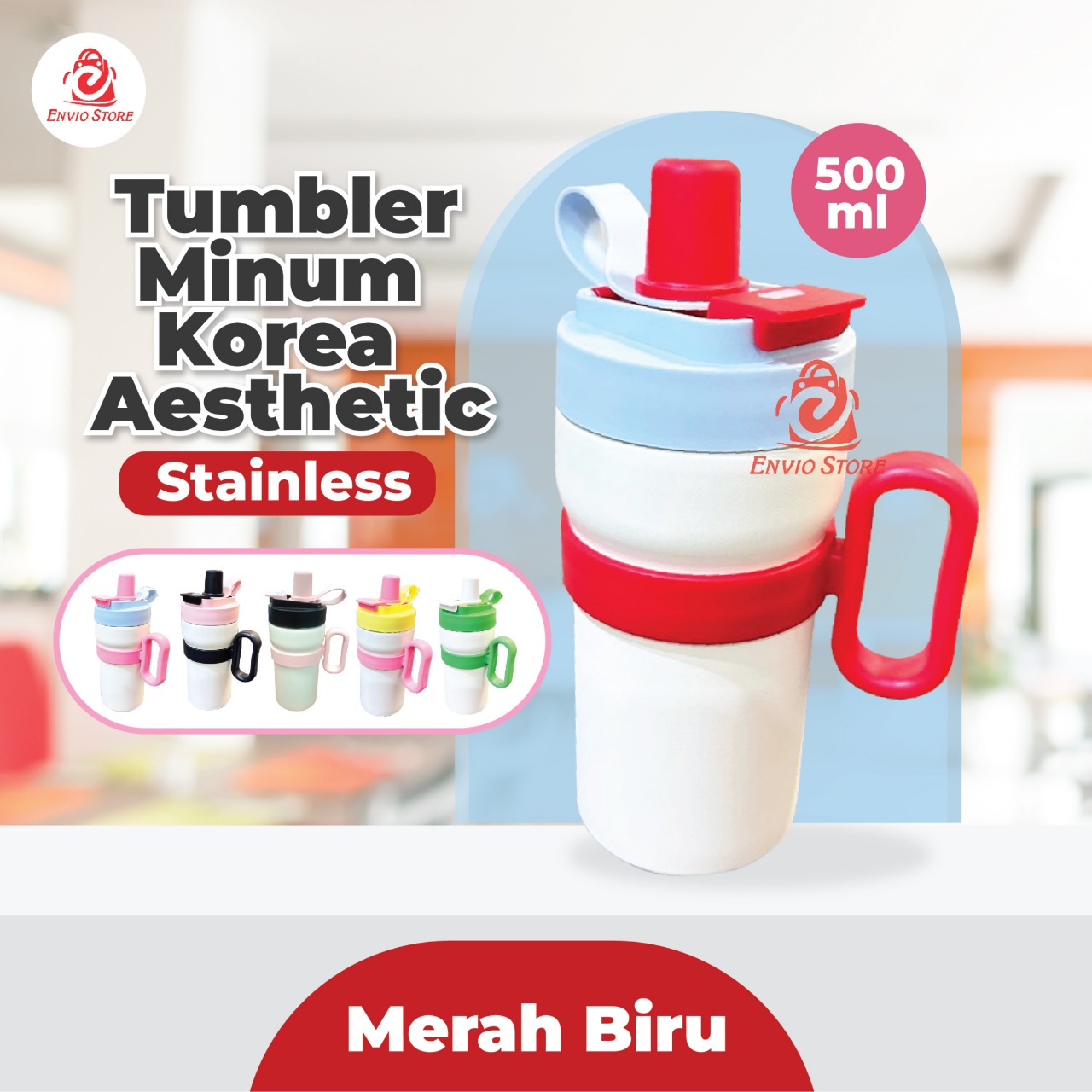 Tumbler Botol Minum Korea Aesthetic Stainless 500ml - MERAH BIRU (9107)