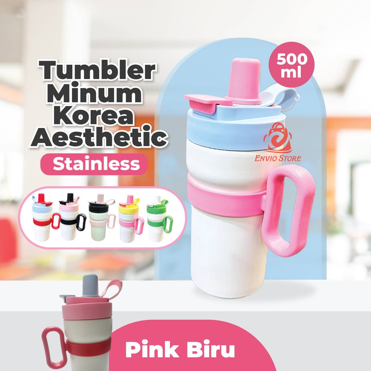 Tumbler Botol Minum Korea Aesthetic Stainless 500ml - PINK BIRU (9107)