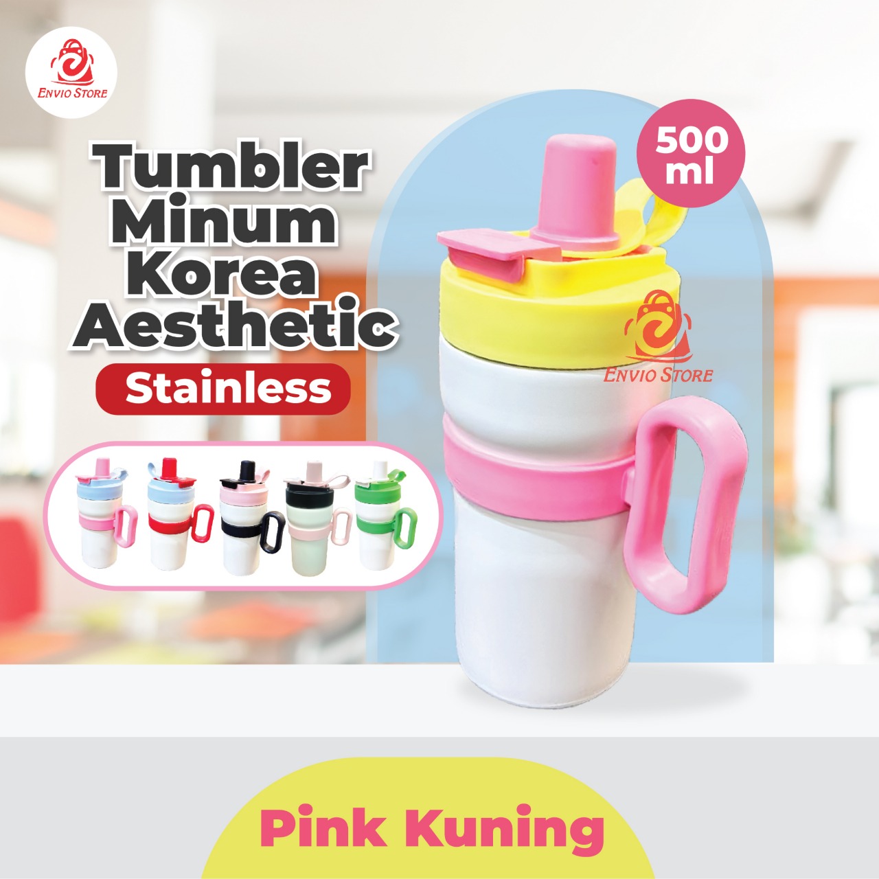 Tumbler Botol Minum Korea Aesthetic Stainless 500ml - PINK KUNING (9107)