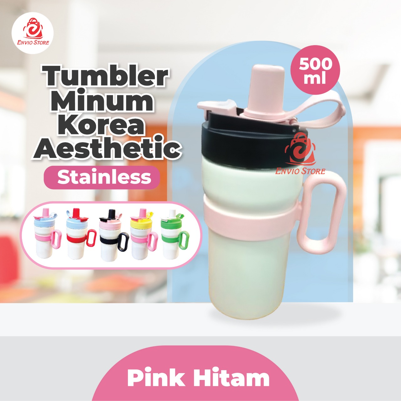 Tumbler Botol Minum Korea Aesthetic Stainless 500ml - PINK HITAM (9107)