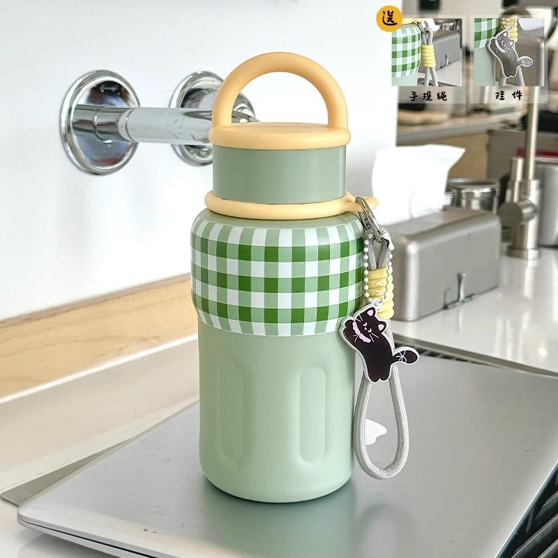 Botol Minum Tumbler Stainless MOTIF KOTAK 600ml - PINK (Botol Portable + Tali Strap) (ST9159)