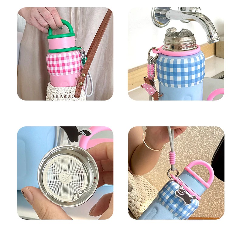 Botol Minum Tumbler Stainless MOTIF KOTAK 600ml - PINK (Botol Portable + Tali Strap) (ST9159)