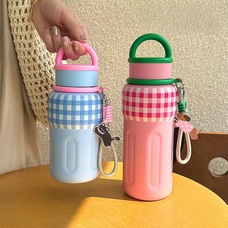 Botol Minum Tumbler Stainless MOTIF KOTAK 600ml - HIJAU (Botol Portable + Keychain) (ST9159)