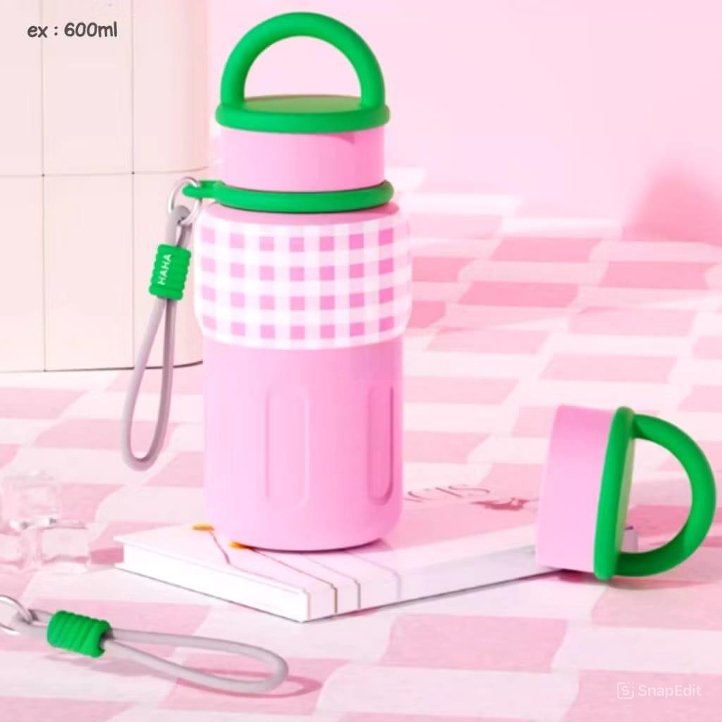 Botol Minum Tumbler Stainless MOTIF KOTAK 600ml - HIJAU (Botol Portable + Keychain) (ST9159)