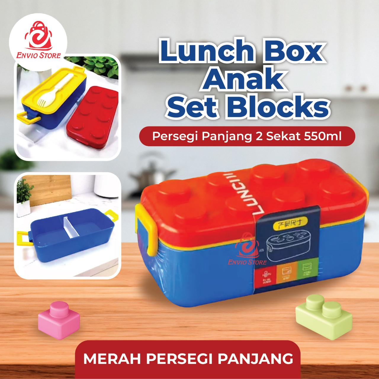 Lunch Box Anak Set Blocks PERSEGI PANJANG 2 Sekat 550ml (Free Sendok) - Kotak Makan Bekal (A911)