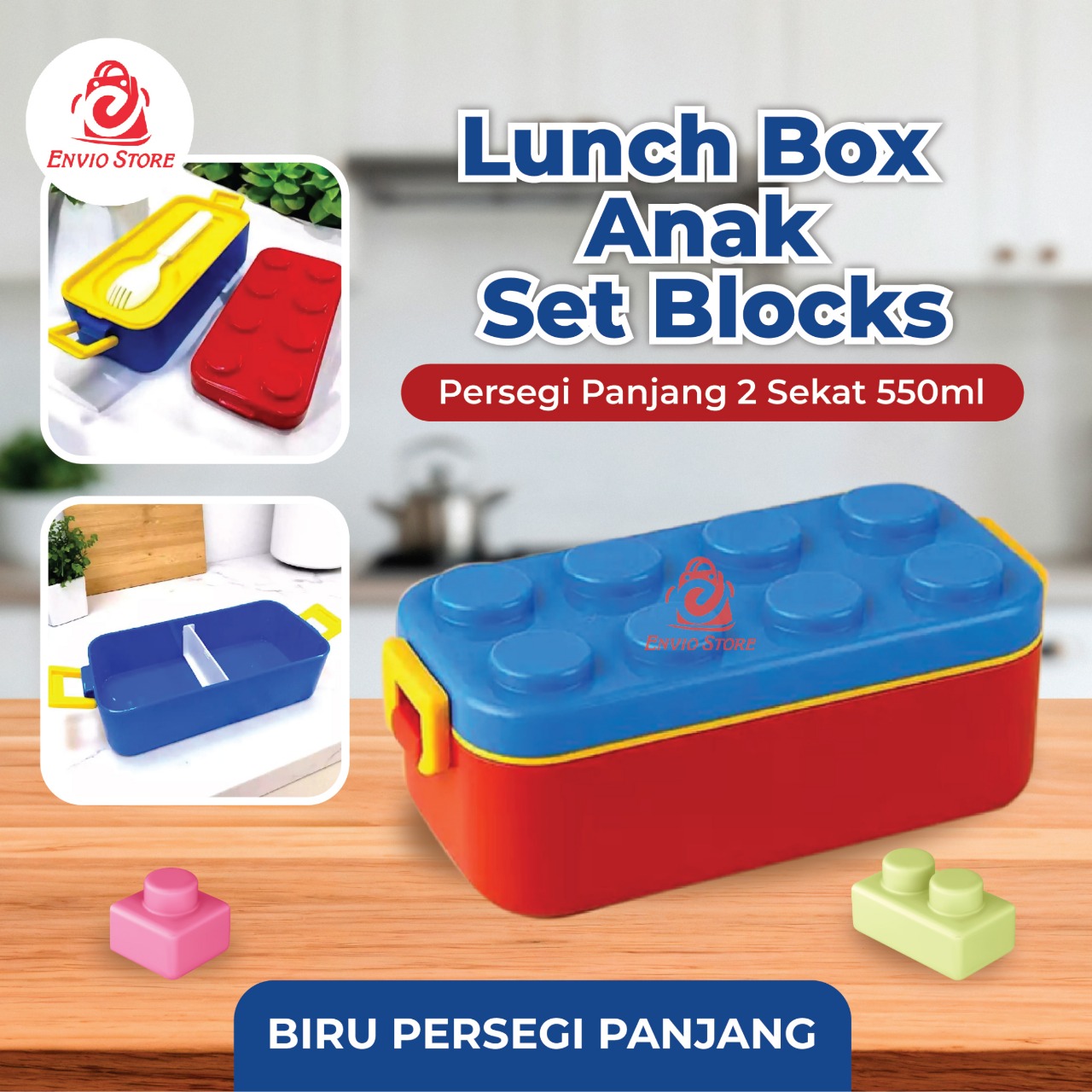 Lunch Box Anak Set Blocks PERSEGI PANJANG 2 Sekat 550ml (Free Sendok) - Kotak Makan Bekal (A911)
