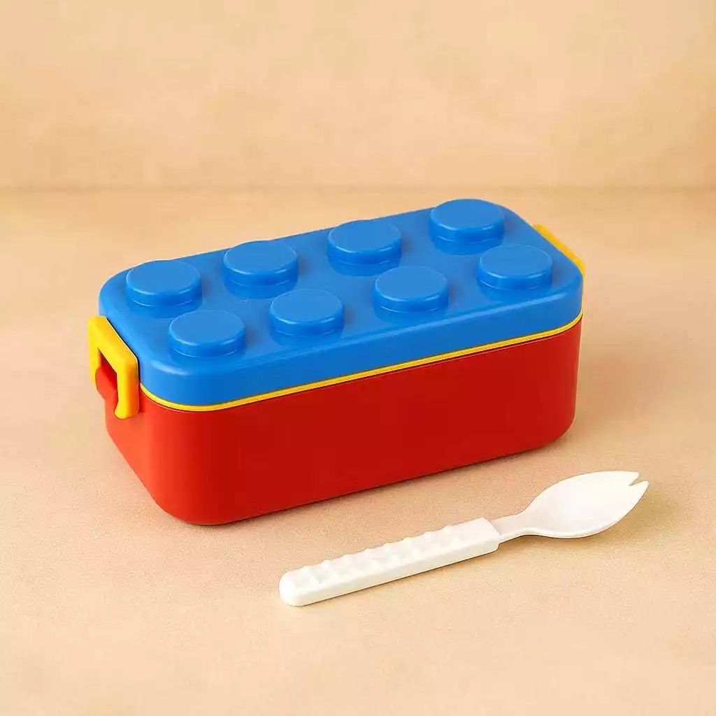 Lunch Box Anak Set Blocks PERSEGI PANJANG 2 Sekat 550ml (Free Sendok) - Kotak Makan Bekal (A911)