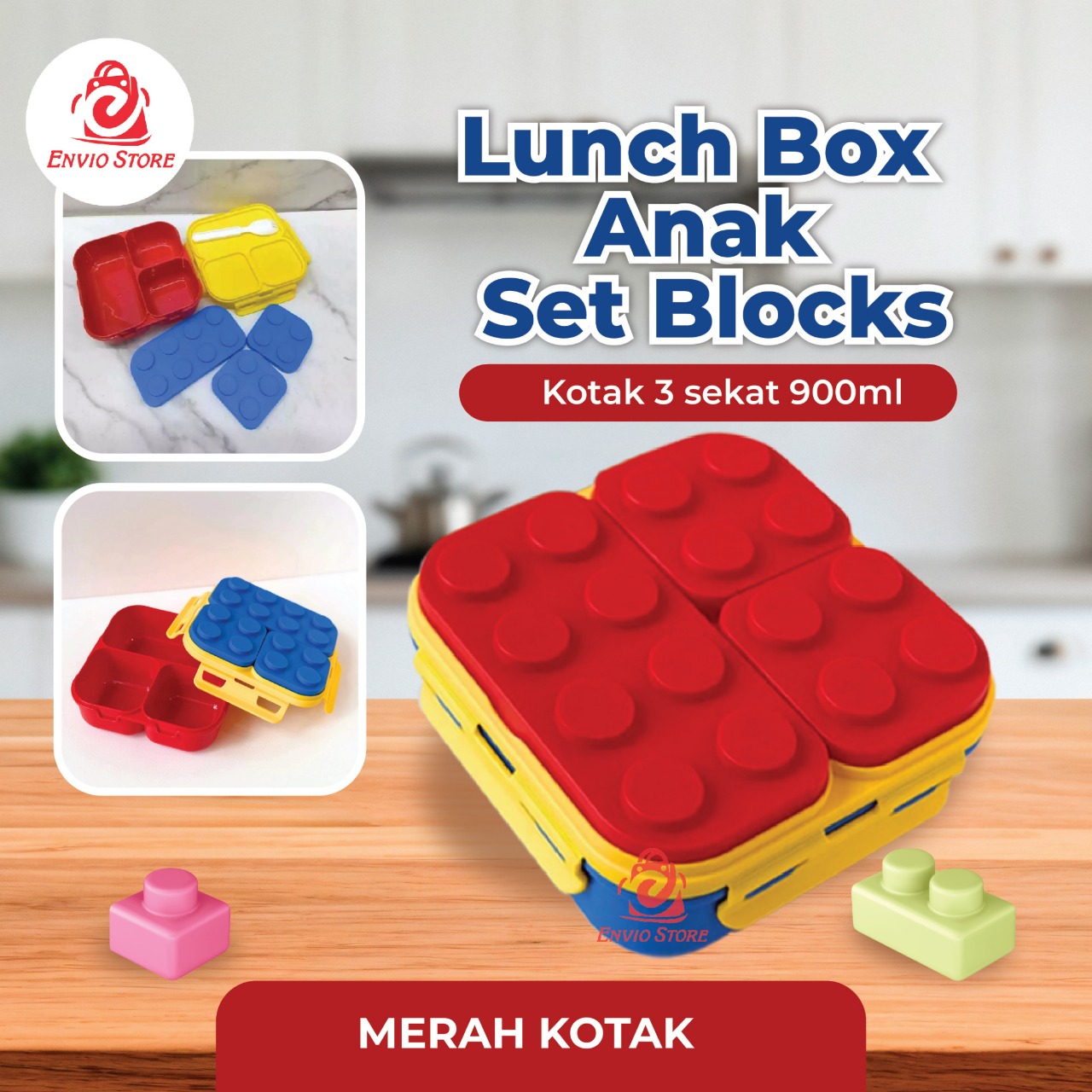Lunch Box Anak Set Blocks KOTAK 3 Sekat 900ml (Free Sendok) - Kotak Makan Bekal (A913)