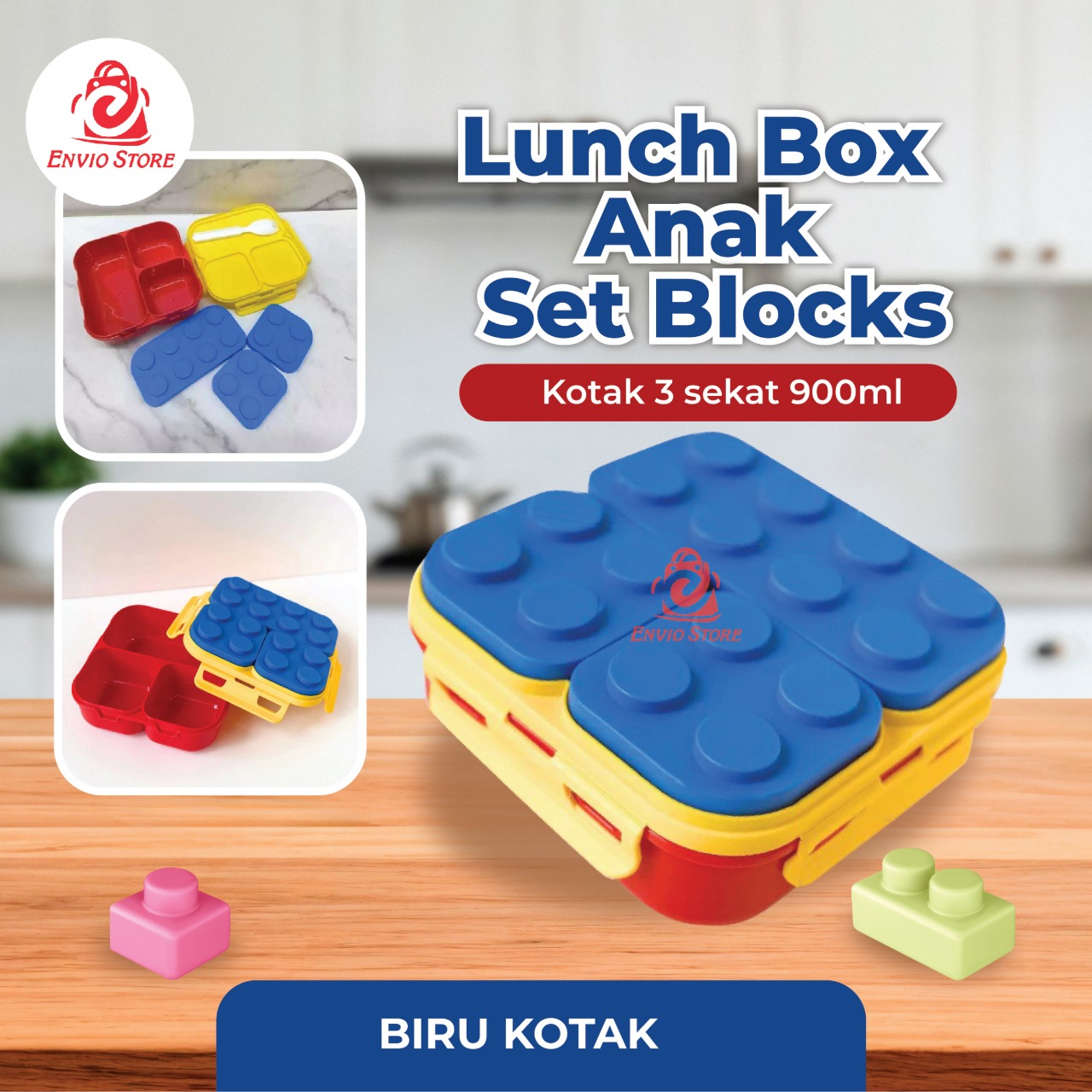 Lunch Box Anak Set Blocks KOTAK 3 Sekat 900ml (Free Sendok) - Kotak Makan Bekal (A913)