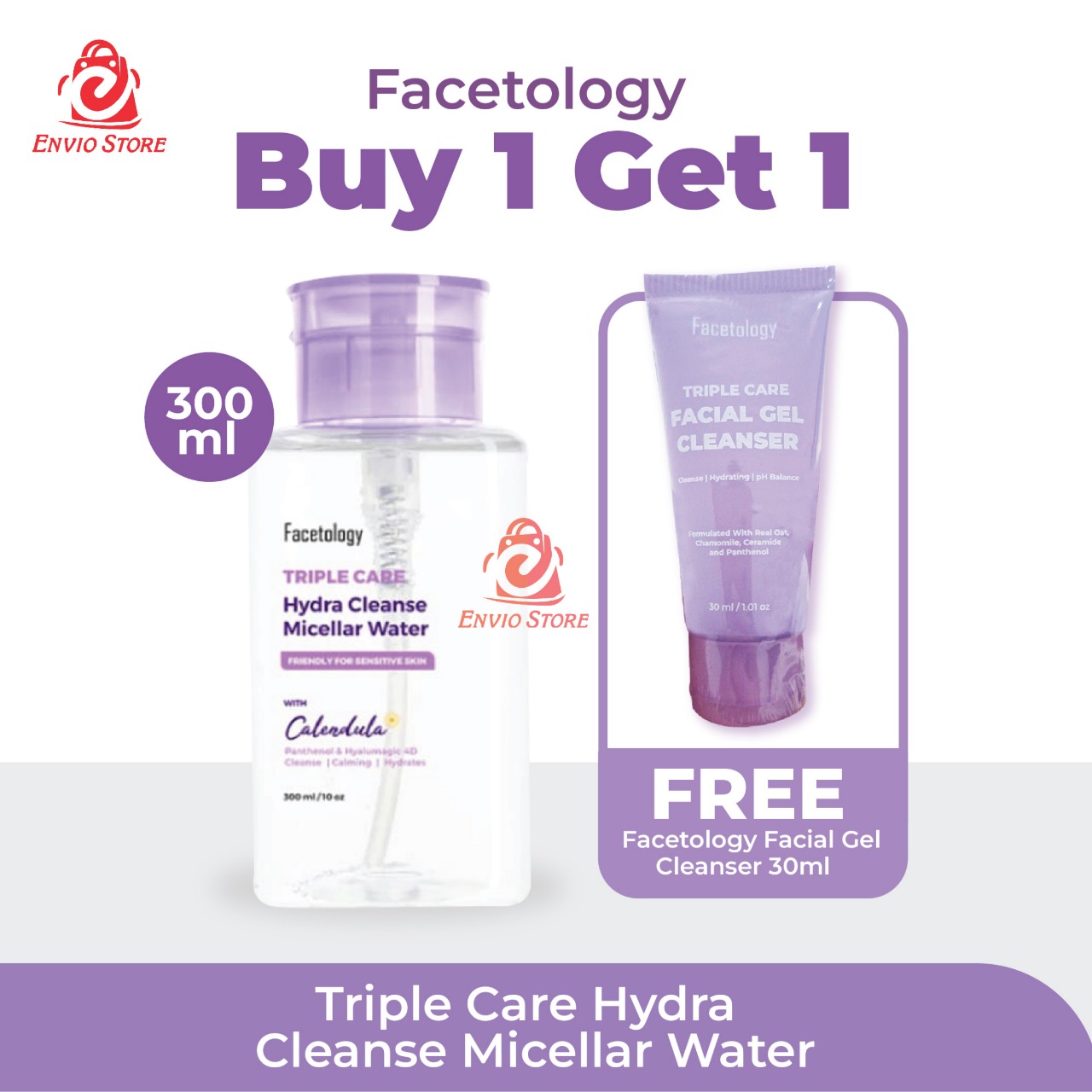 (Buy1 Get1) Facetology Triple Care Hydra Cleanse Micellar Water 300ml + Facial Gel Cleanser 30ml