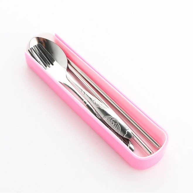 Sendok Travel Set Stainless Steel - PINK (Sendok, Garpu, Sumpit)
