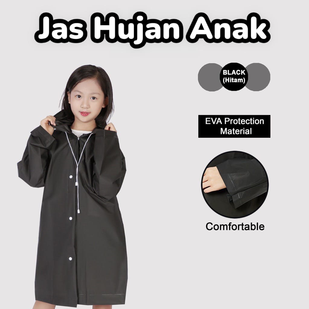 Jas Hujan Ponco Eva ANAK - HITAM (Lightweight Raincoat)
