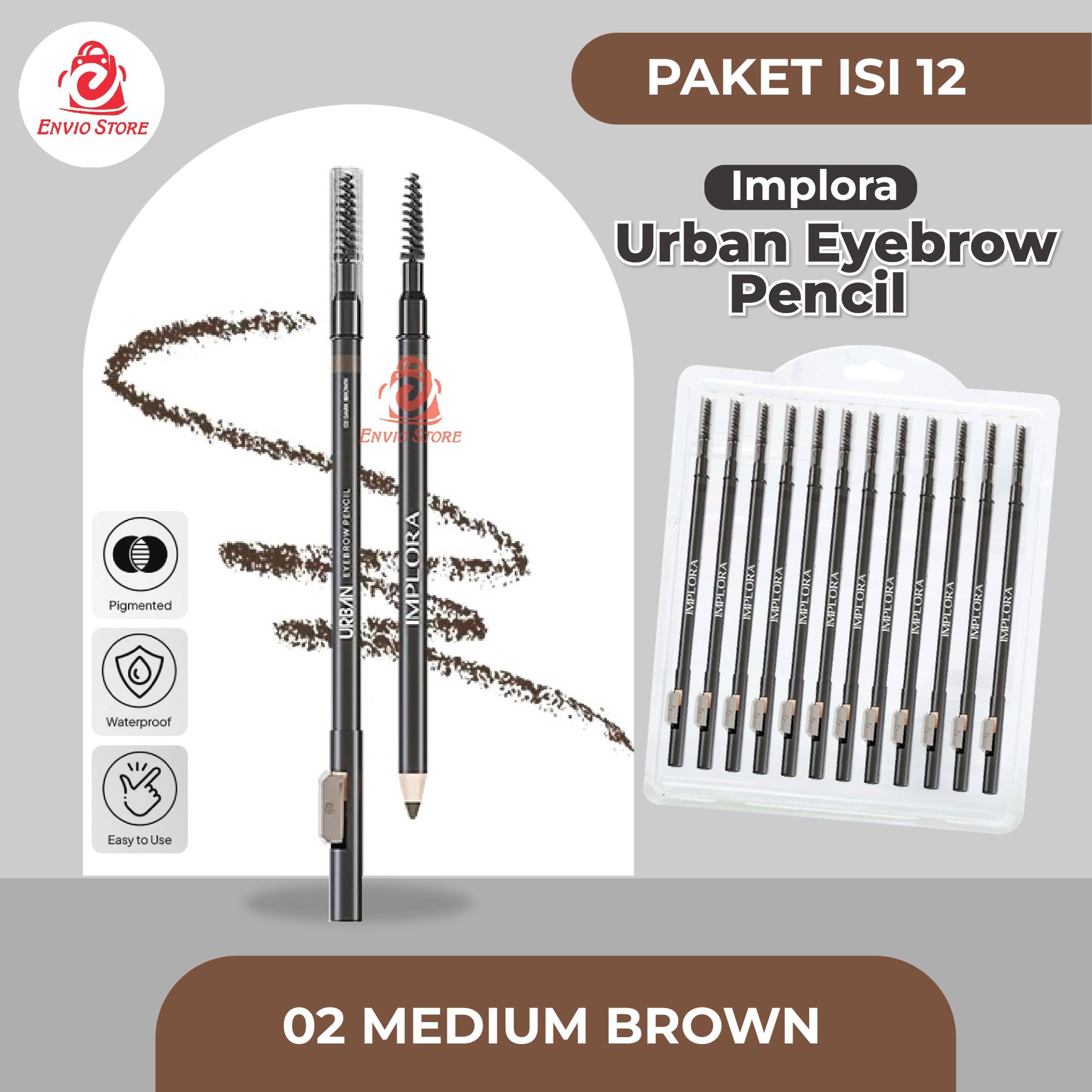 (PAKET ISI 12) Implora Urban Eyebrow Pencil 2.5gr - 03 Medium Brown (Pensil Alis) (PAKET ISI 12) Implora Urban Eyebrow Pencil 2.5gr - 03 Medium Brown (Pensil Alis)