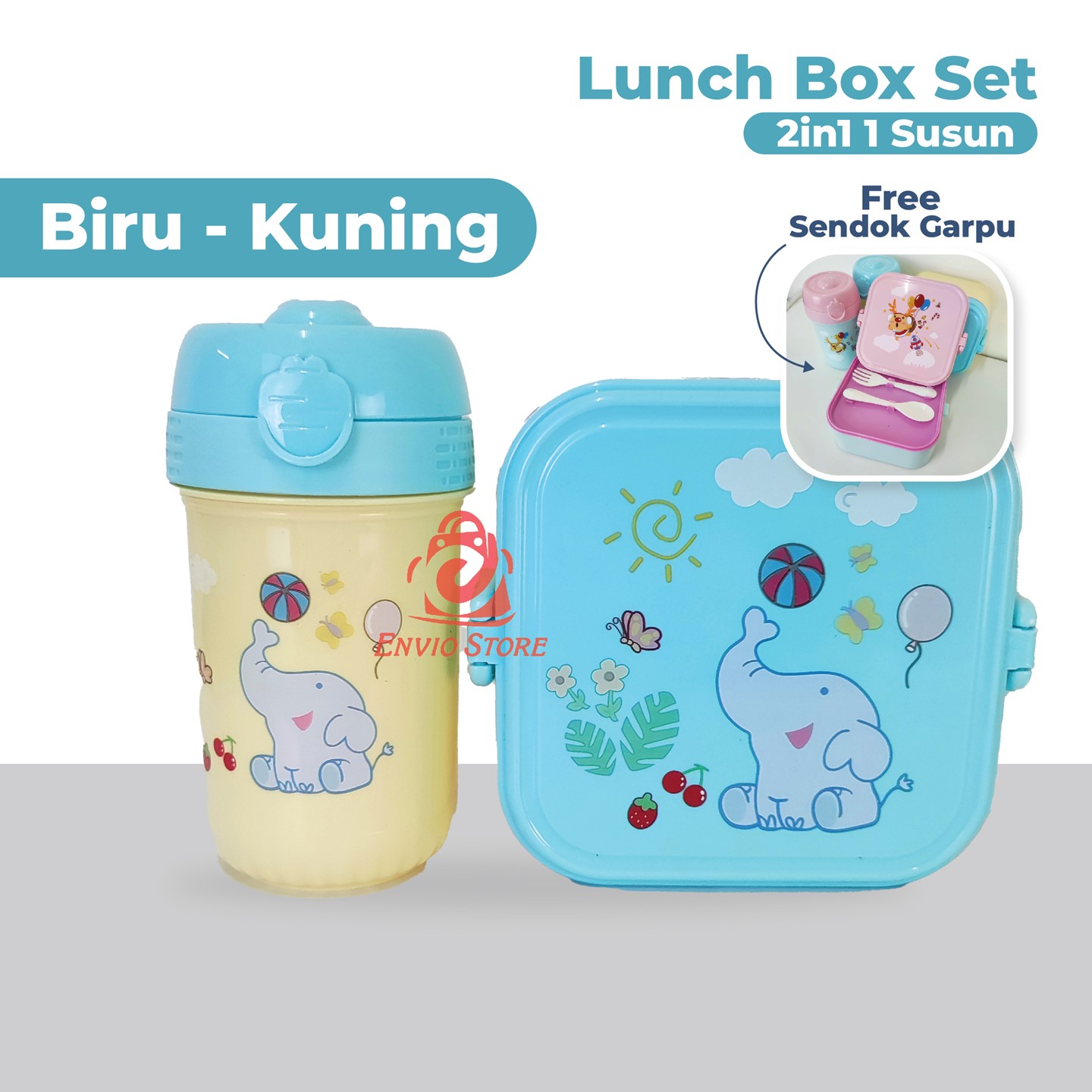 Lunch Box Set 2in1 1 Susun Motif Warna Pastel - BIRU-KUNING (Wadah Bekal + Botol Minum) (TJ92)