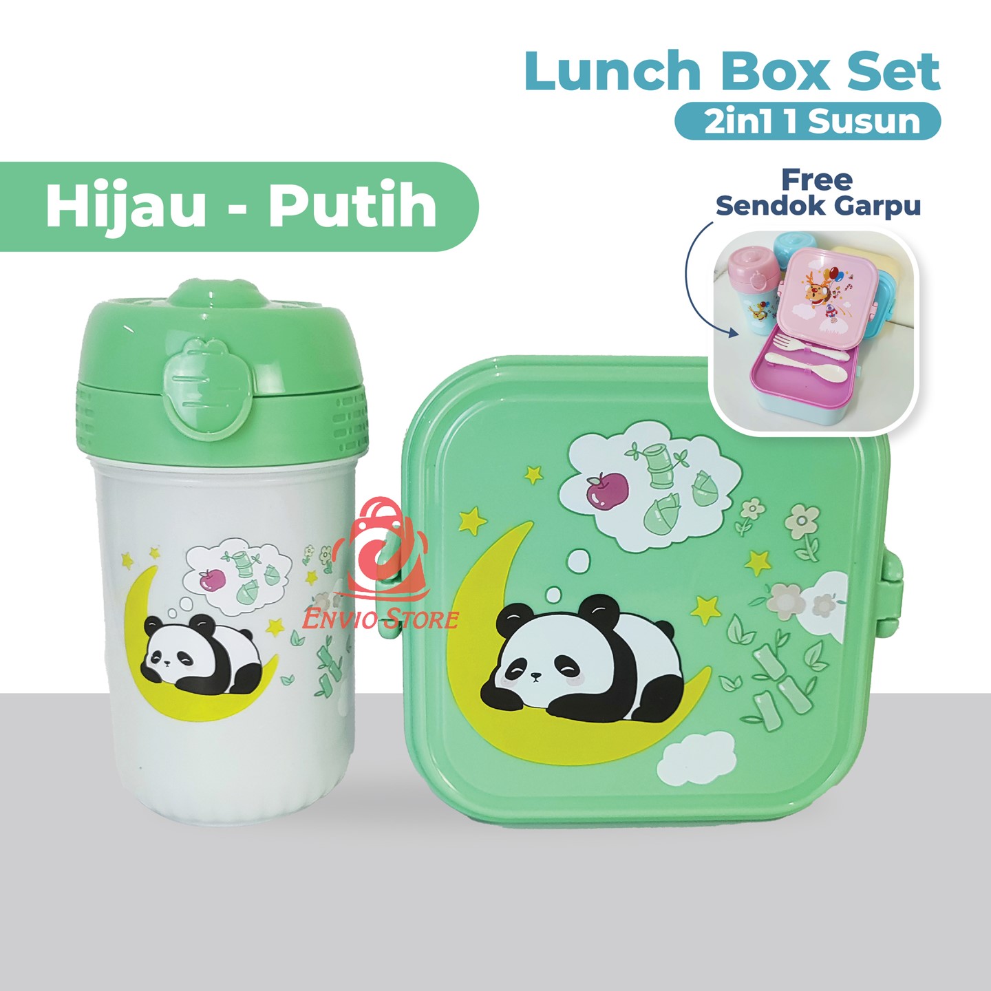Lunch Box Set 2in1 1 Susun Motif Warna Pastel - HIJAU-PUTIH (Wadah Bekal + Botol Minum) (TJ92)