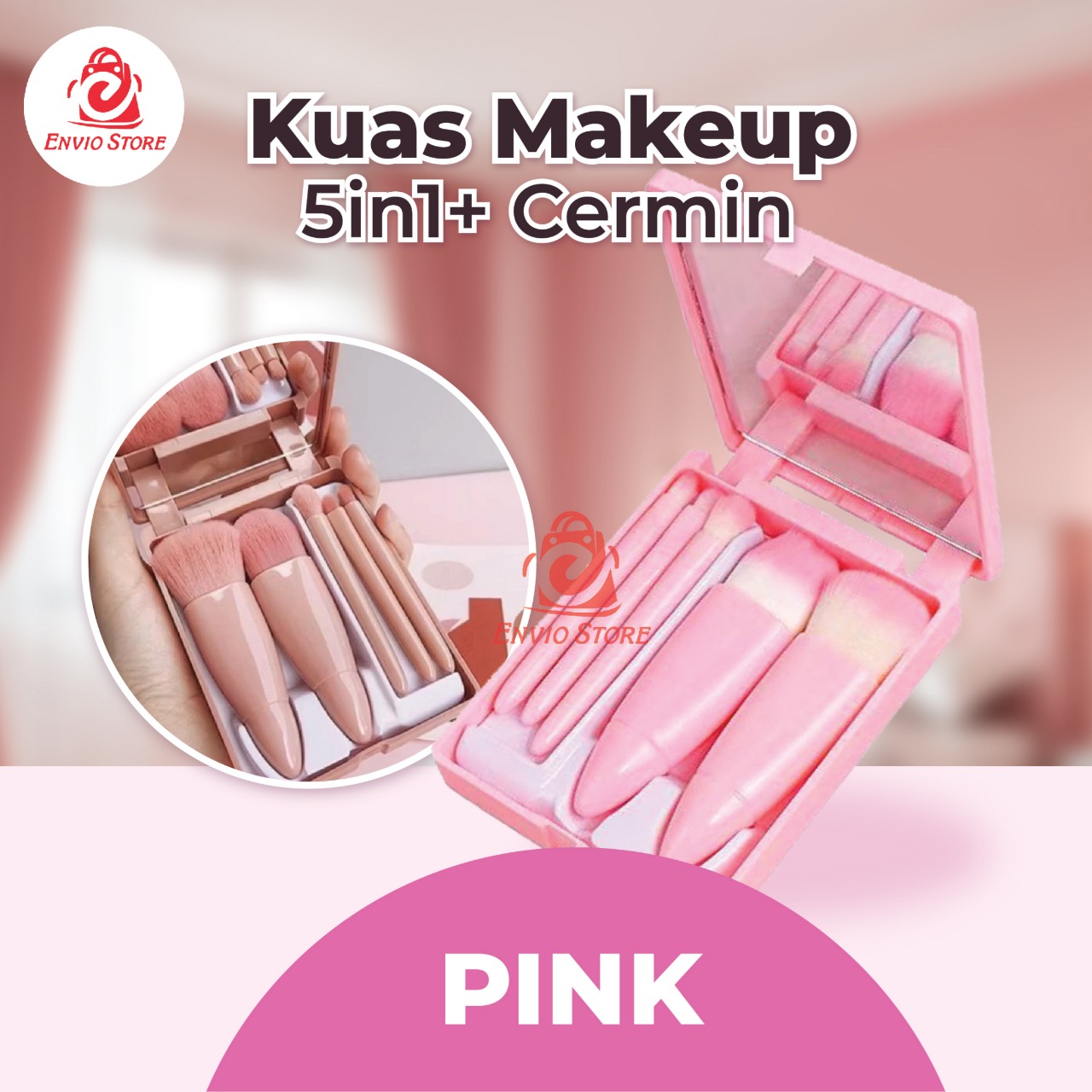 Kuas Makeup 5in1 + Cermin - PINK MUDA (Brush Makeup Set Portable With Box)