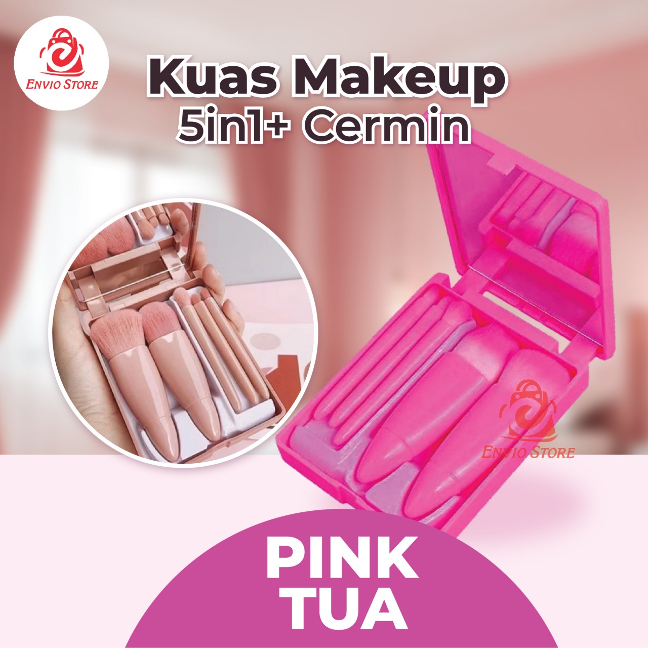 Kuas Makeup 5in1 + Cermin - PINK TUA (Brush Makeup Set Portable With Box)